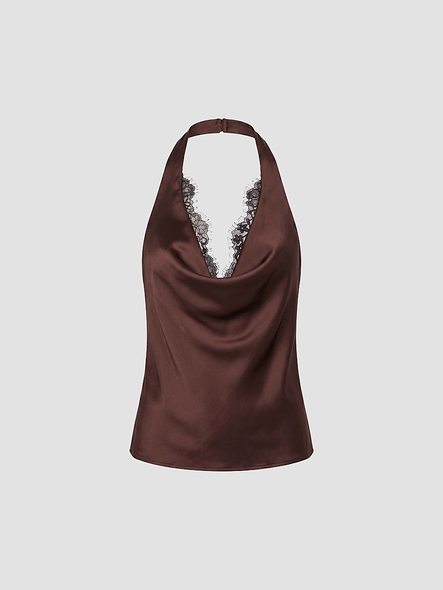 Women's Lovella Lace-Trim Satin Top - Burnt Clove - Size XL
