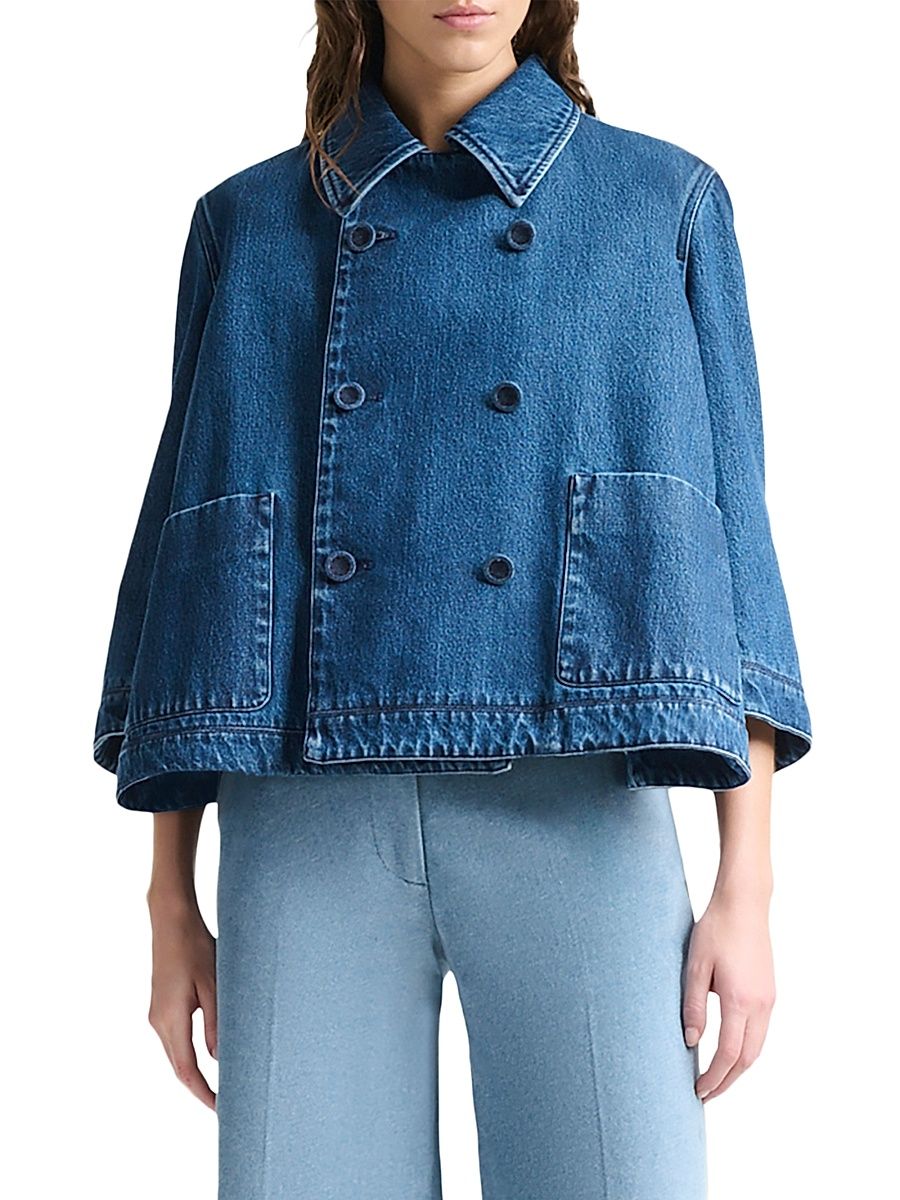 Women's Hayden Denim Double-Breasted Crop Jacket - Indigo - Size 12