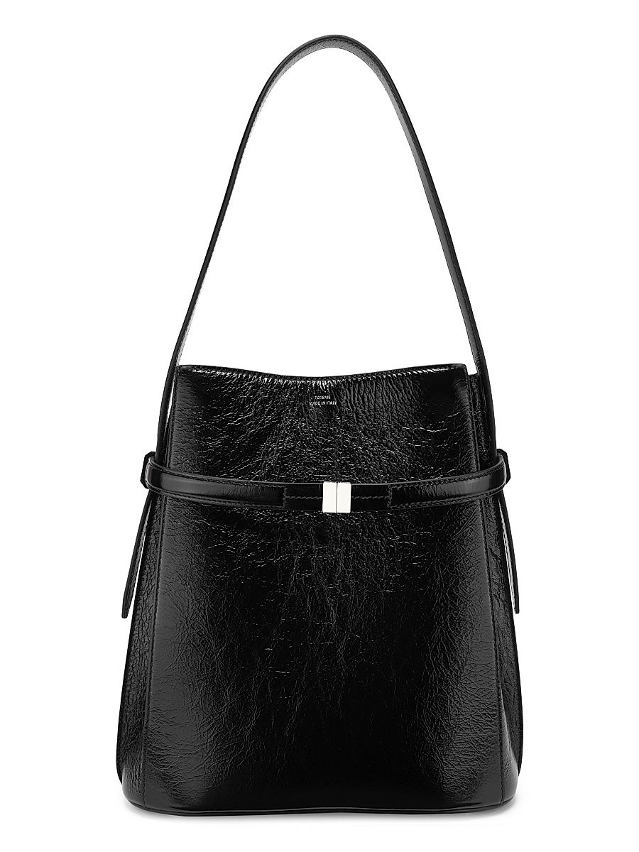 Women's Belted Naplak-Leather Bucket Bag - Black
