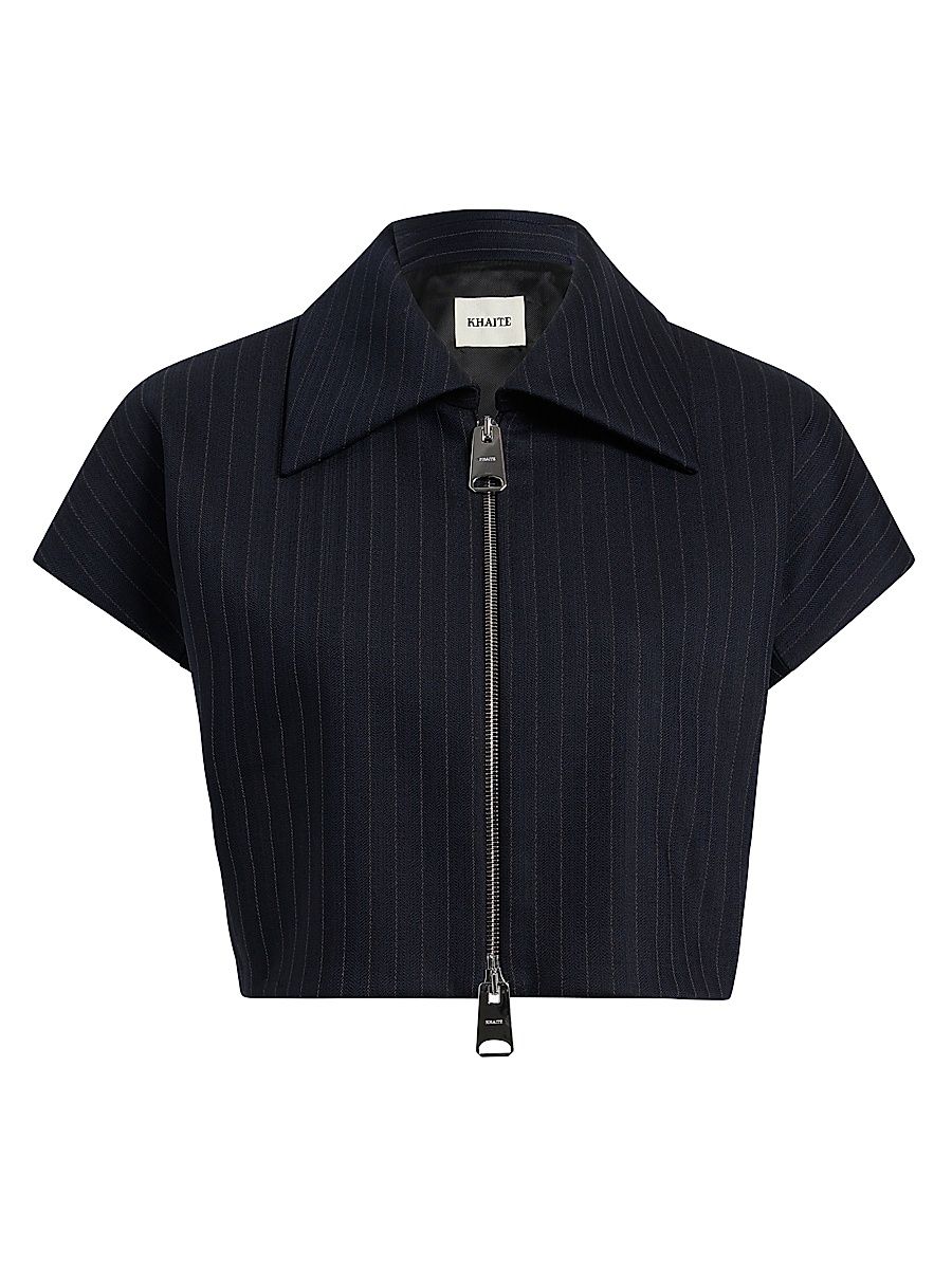 Women's Robin Striped Zip-Front Crop Top - Navy White - Size 12