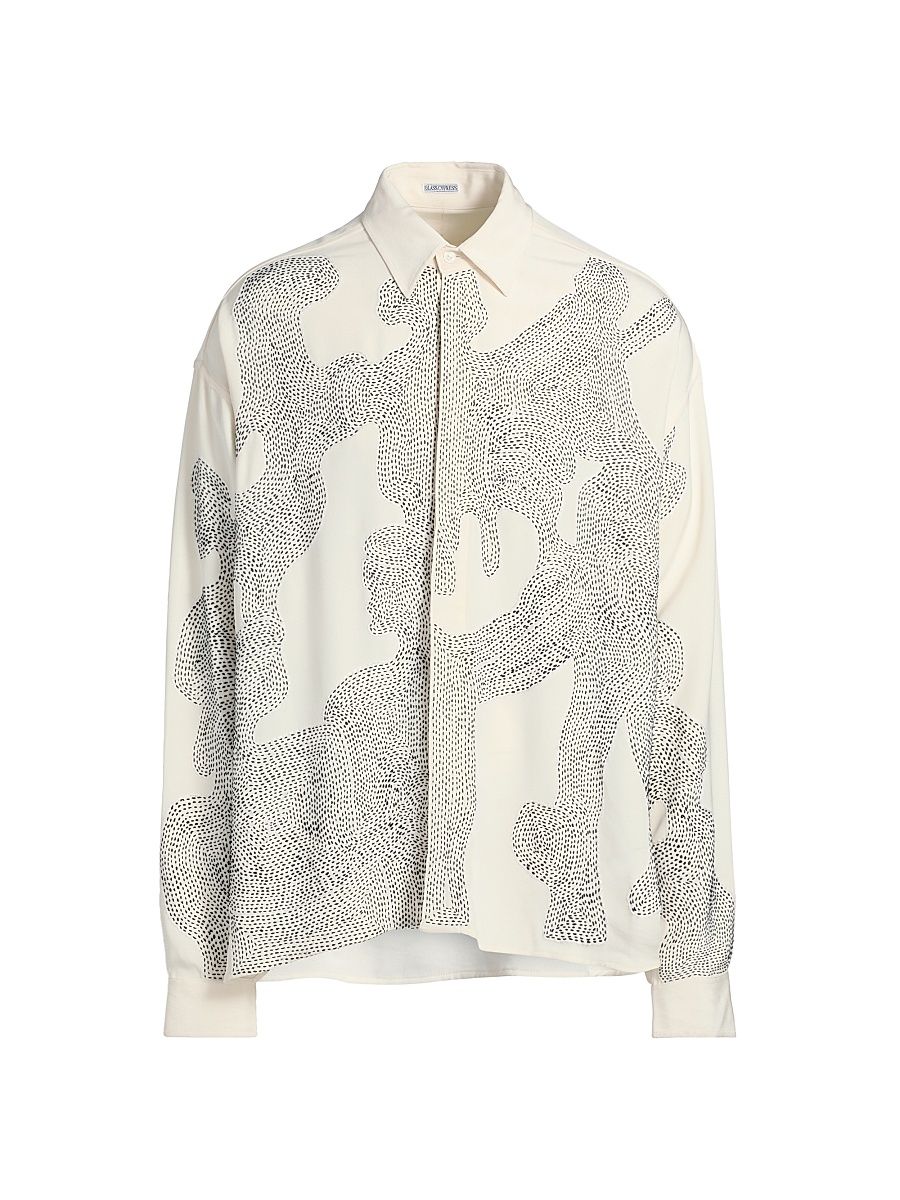 Men's Embroidered Silk Button-Front Shirt - Ivory - Size XL