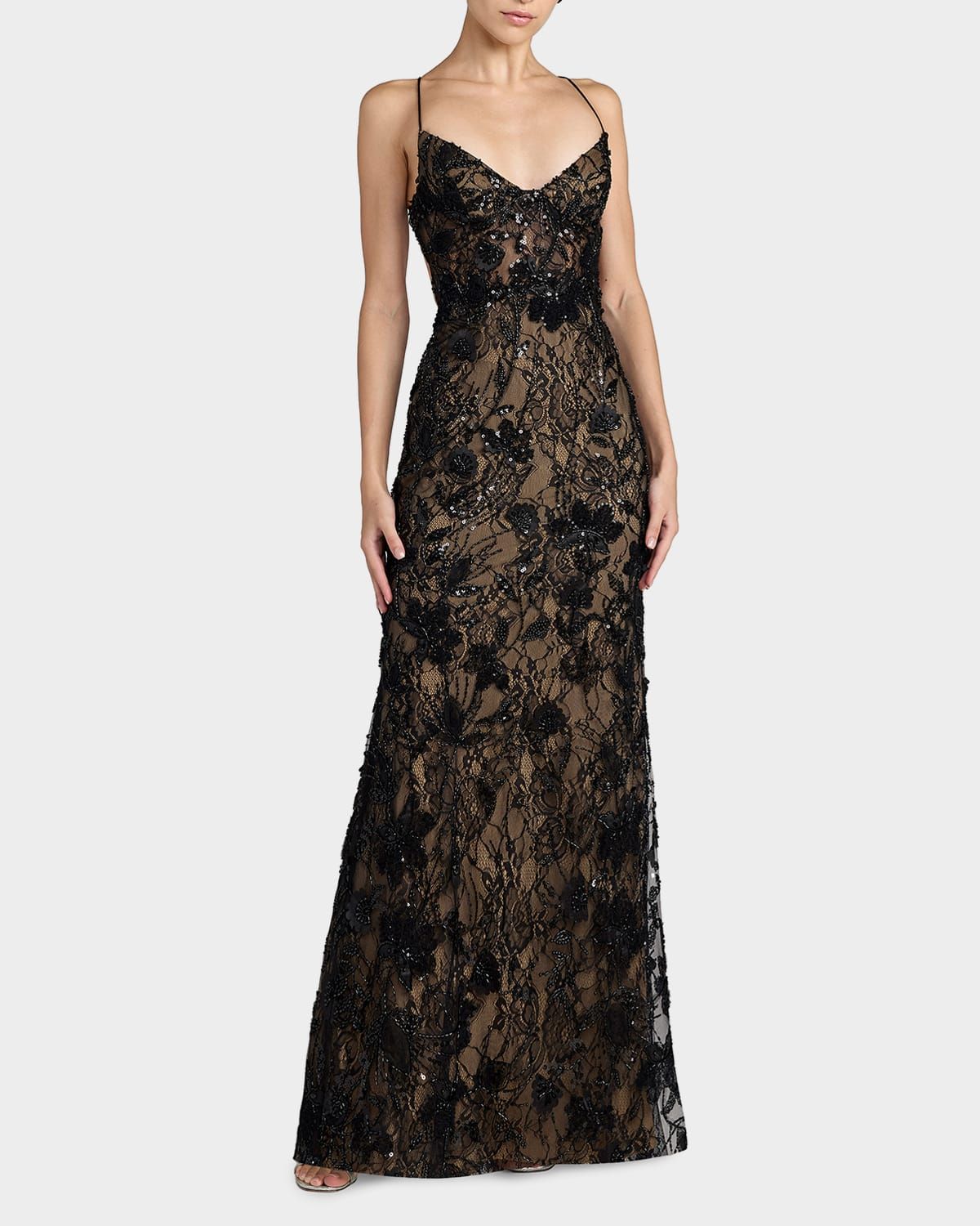 Embellished Floral Lace Open Back Gown