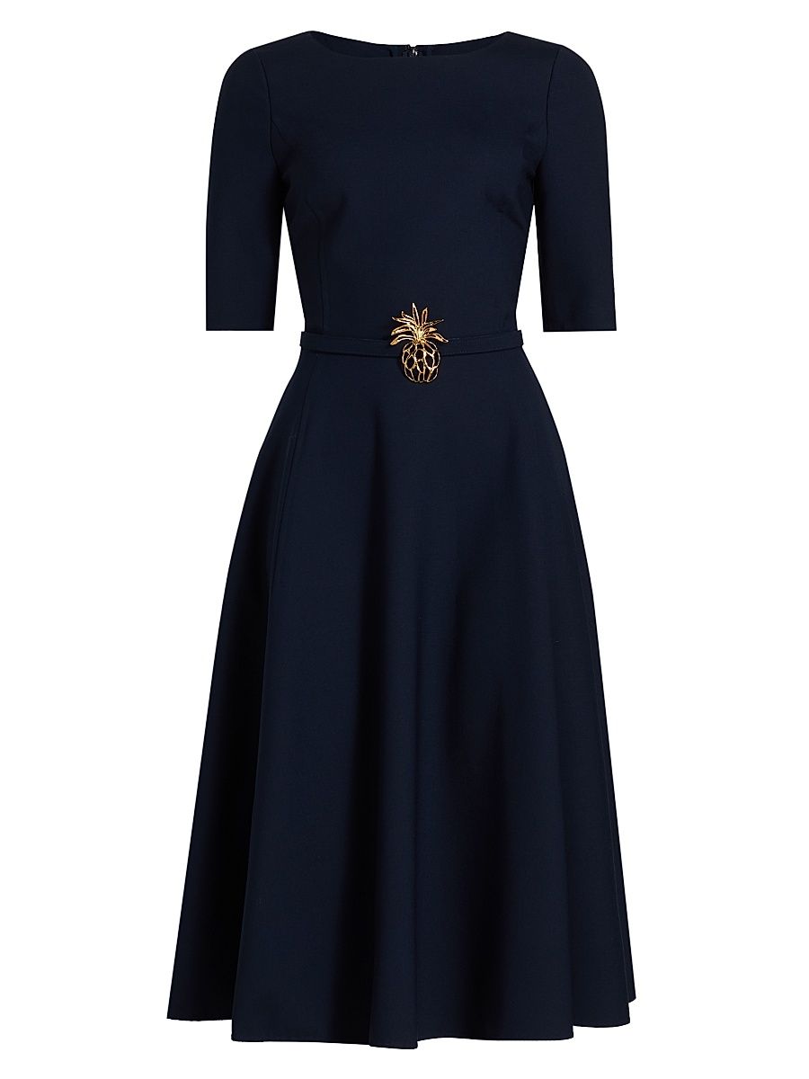 Women's Wool Belted Midi-Dress - Navy - Size 16