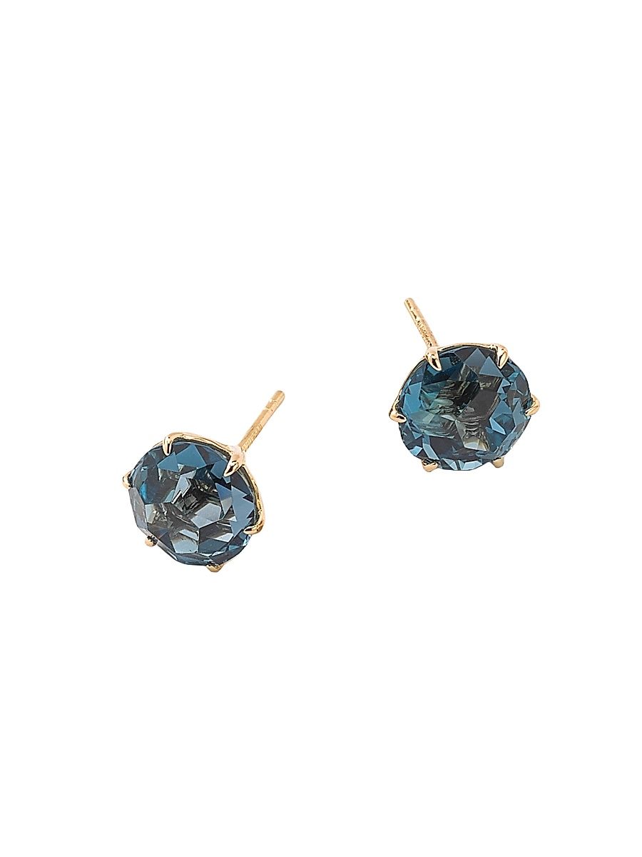 Women's Rock Candy Medium 18K Yellow Gold & Clear Quartz Round Stud Earrings - London Blue Topaz