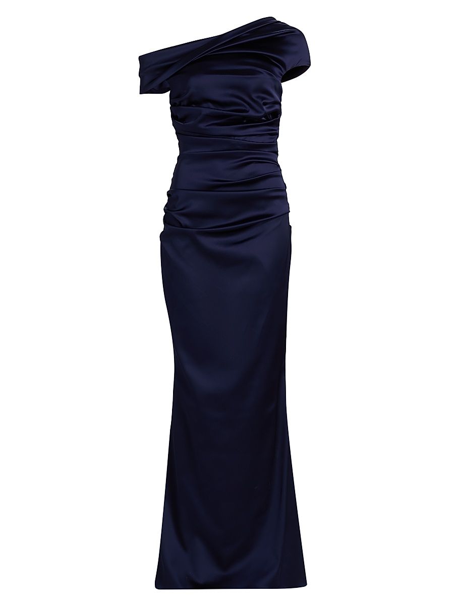 Women's Satin Off-the-Shoulder Sheath Gown - Royal Navy - Size 16