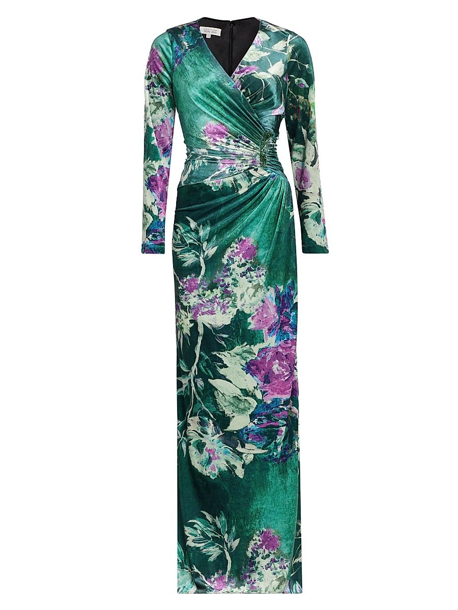 Women's Bead-Embellished Ruched Floral Velvet Gown - Green Multi - Size 16