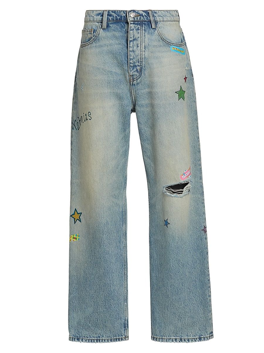 Men's Bandage Baggy Straight Jeans - Light Wash - Size 36