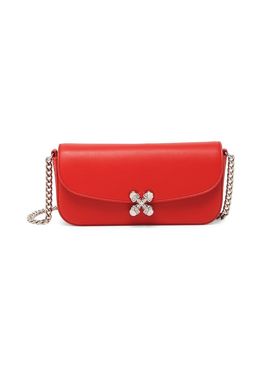 Women's Small Skull Flower Leather Shoulder Bag - Red Silver
