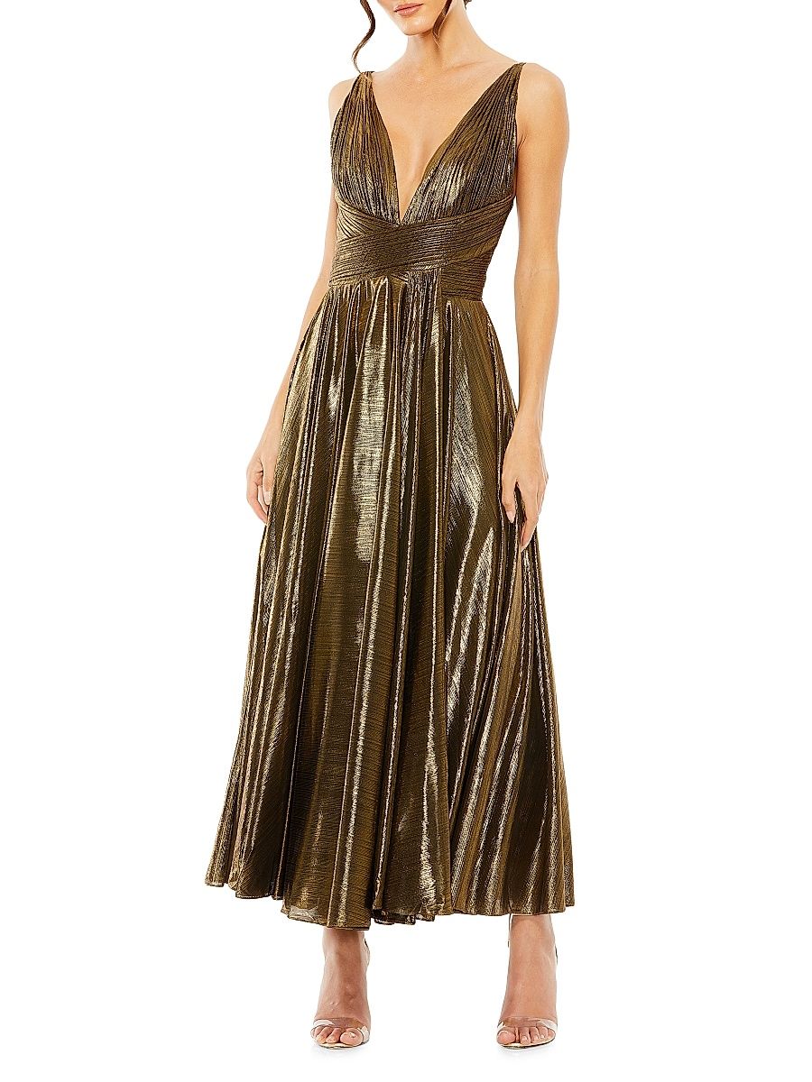 Women's Sleeveless V-Neck Pleated Midi-Dress - Antique Gold - Size XL