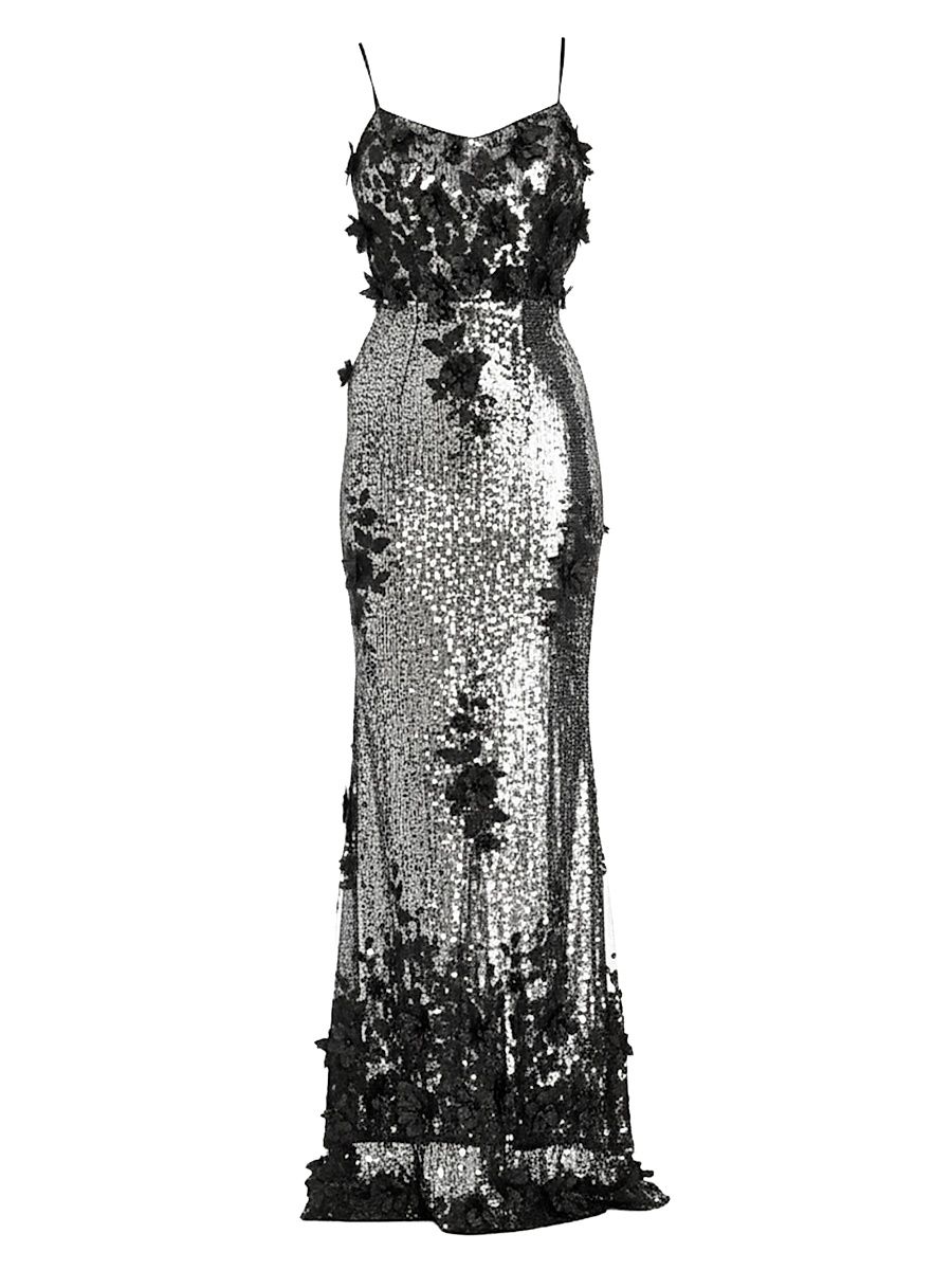 Women's Giovanna Floral-Appliquéd Sequined Mermaid Gown - Silver Black - Size XXL