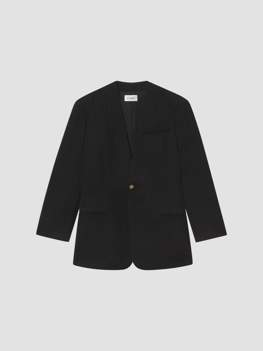 FRAME Women's The Collarless Wool Blazer - Black Shadow Stripe - Size XL