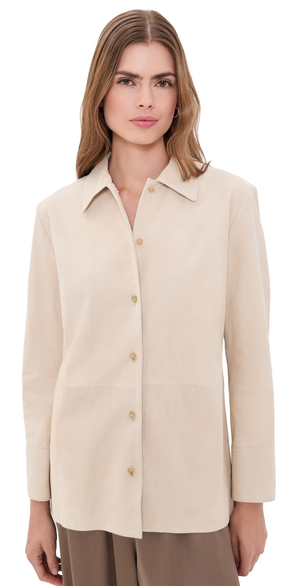 Vince Suede Paneled Button Down Shirt Sand Beige M