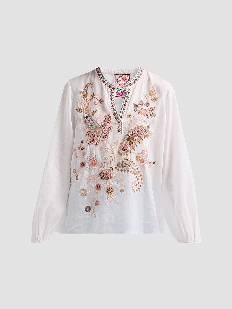 Women's Lyora Embroidered Relaxed Swing Blouse - White - Size XL