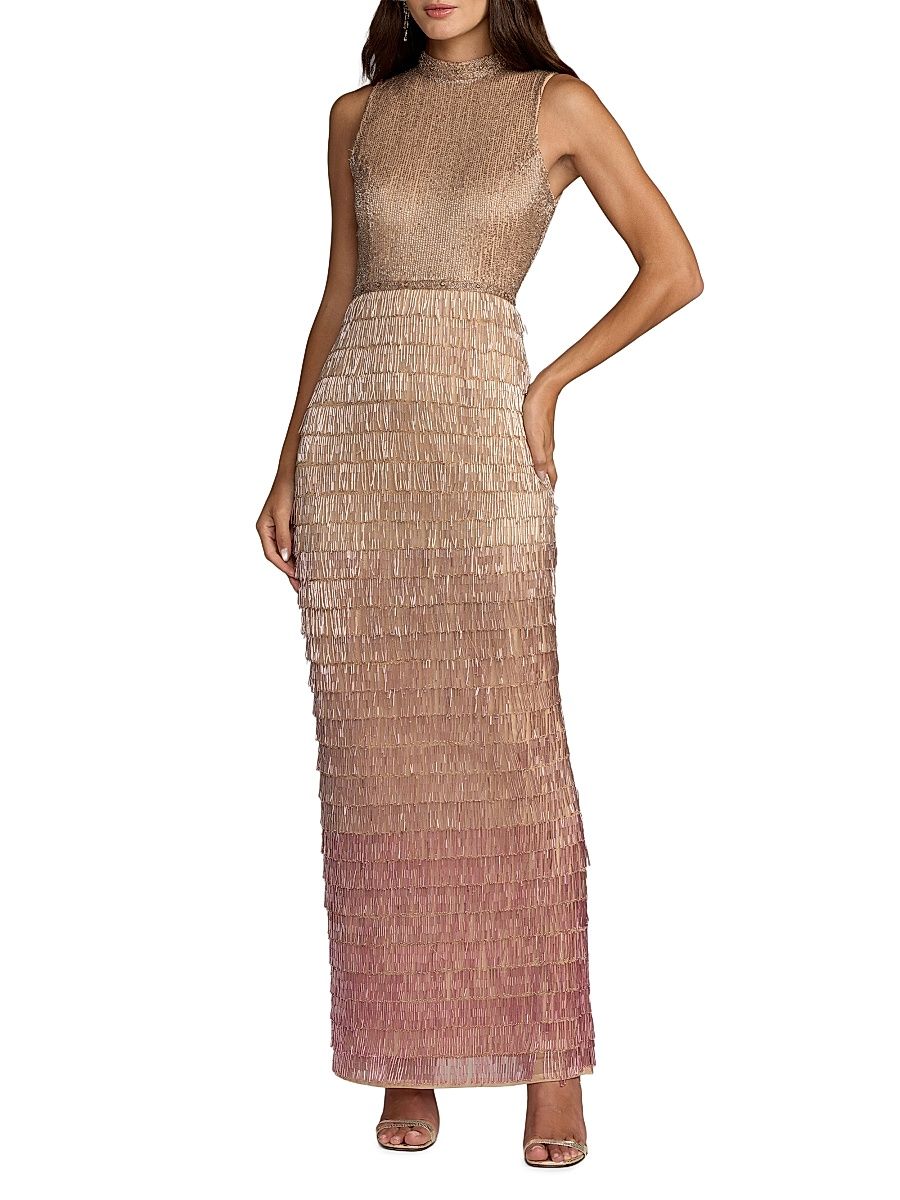Women's Beaded Fringed Column Gown - Pink Ombre - Size 14
