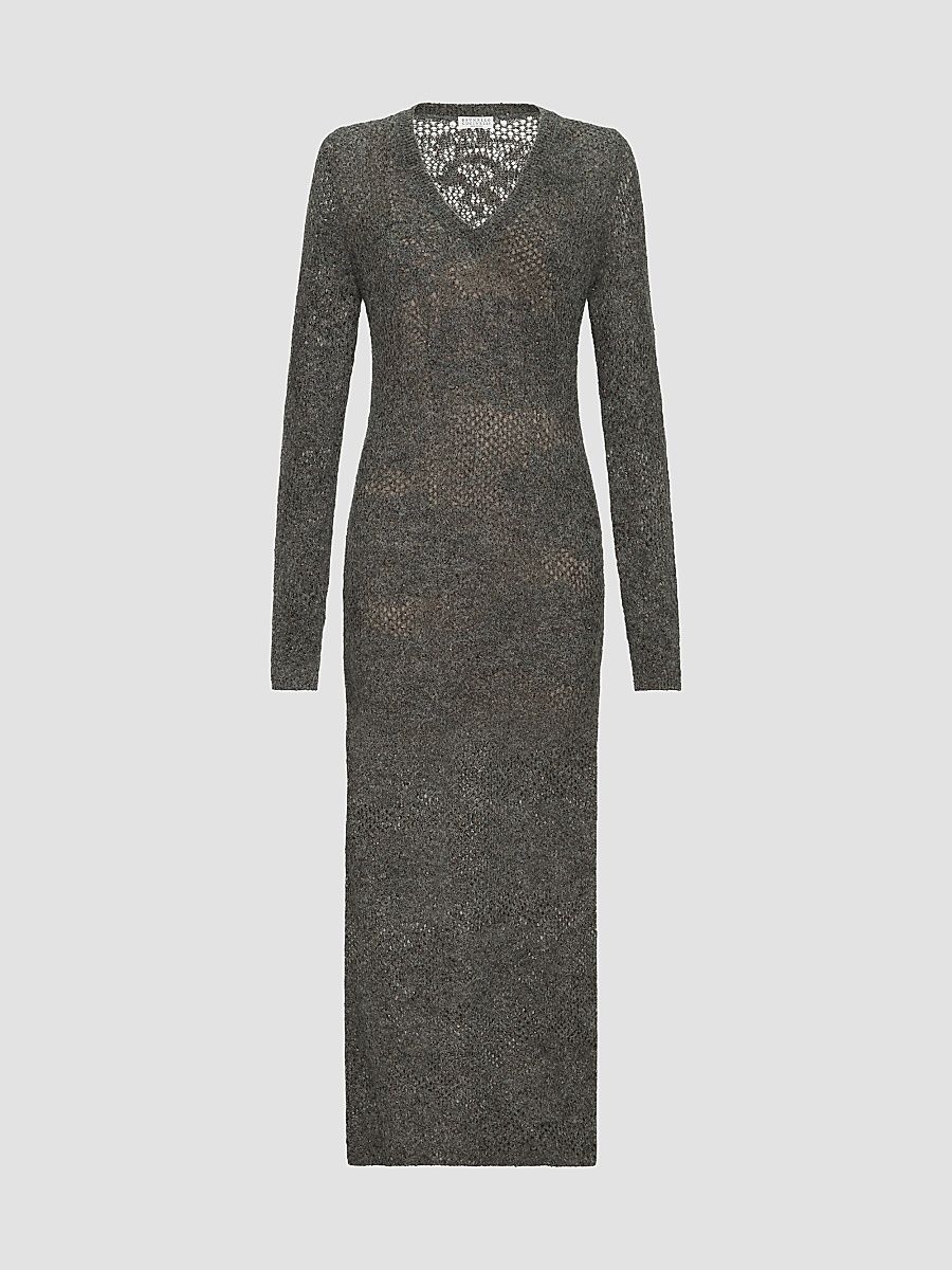 Women's Lace Flowers Knit Dress in Sparkling Mohair - Lead - Size Medium