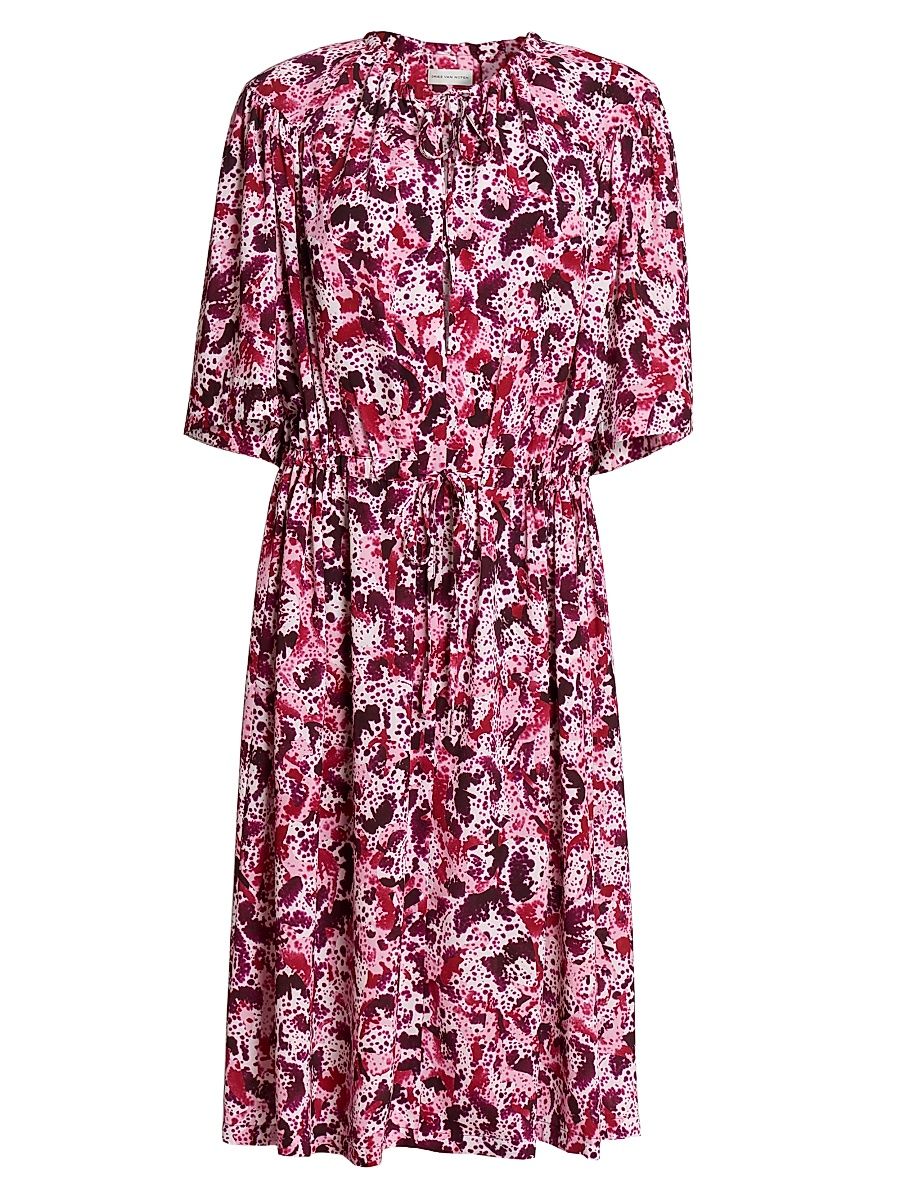 Women's Abstract-Print Tieneck Midi-Dress - Fuchsia - Size Large