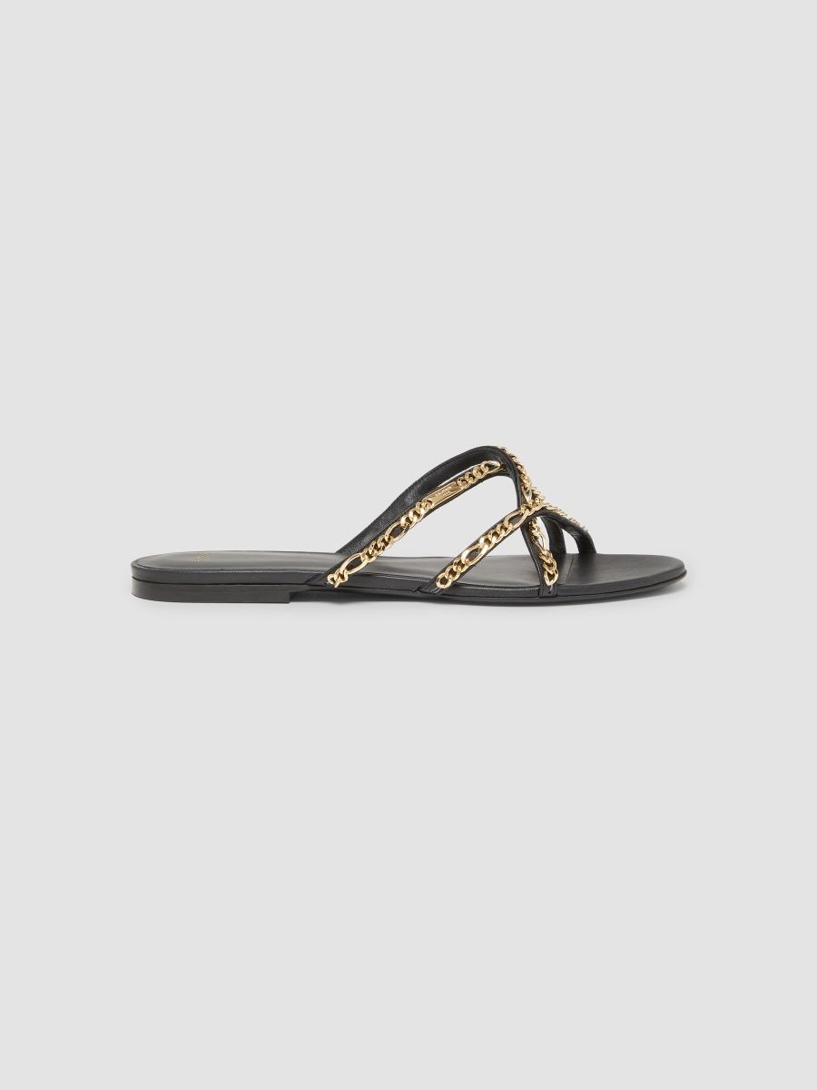 Balmain Women's Chain-Embellished Leather Slide Sandals - Noir - Size 10.5