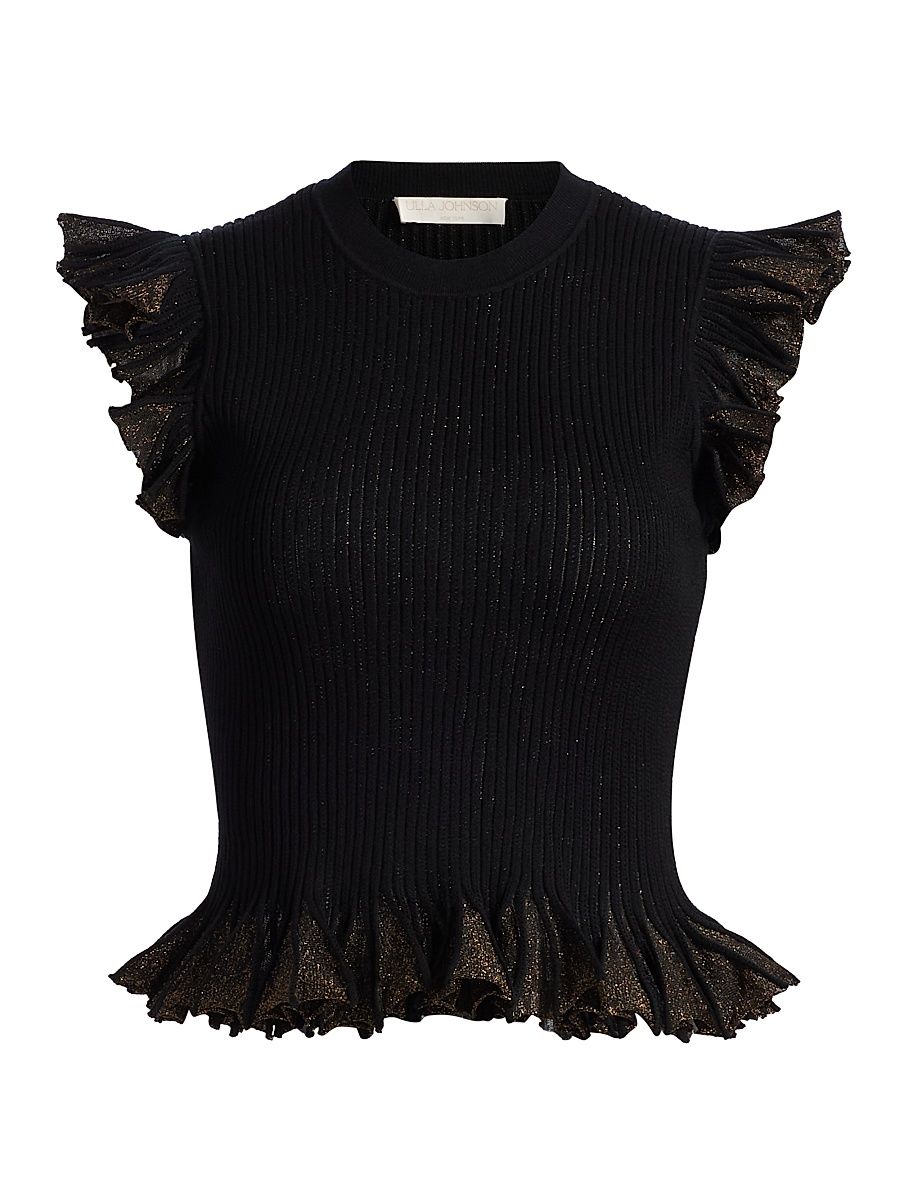 Women's Leila Metallic Rib-Knit Ruffle Top - Noir - Size XL