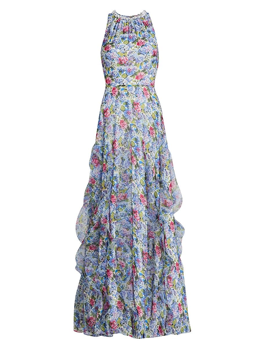 Women's Floral Ruffled Chiffon Gown - Purple Multi - Size 2