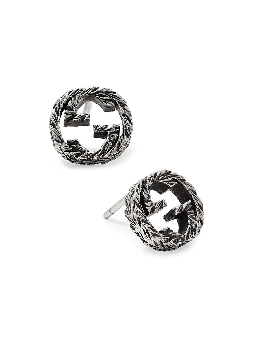 Women's Stud Earrings With Interlocking G Motif in Aged Sterling Silver - Silver