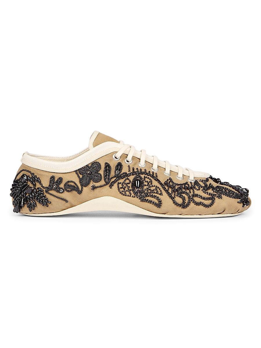 Women's Beaded Cotton Canvas Low-Top Sneakers - Camel - Size 5