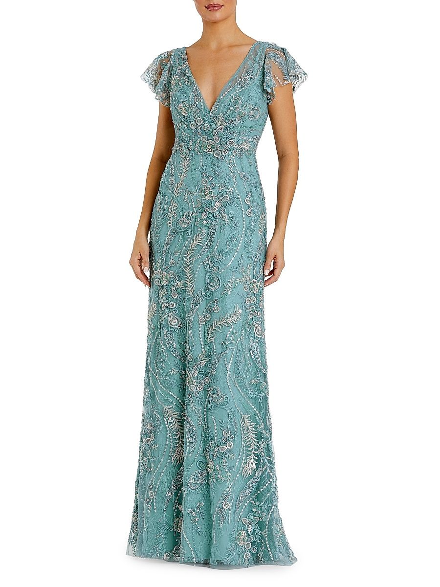 Women's Petite Evening Floral Embroidered A-Line Gown - Seafoam - Size Petite 14