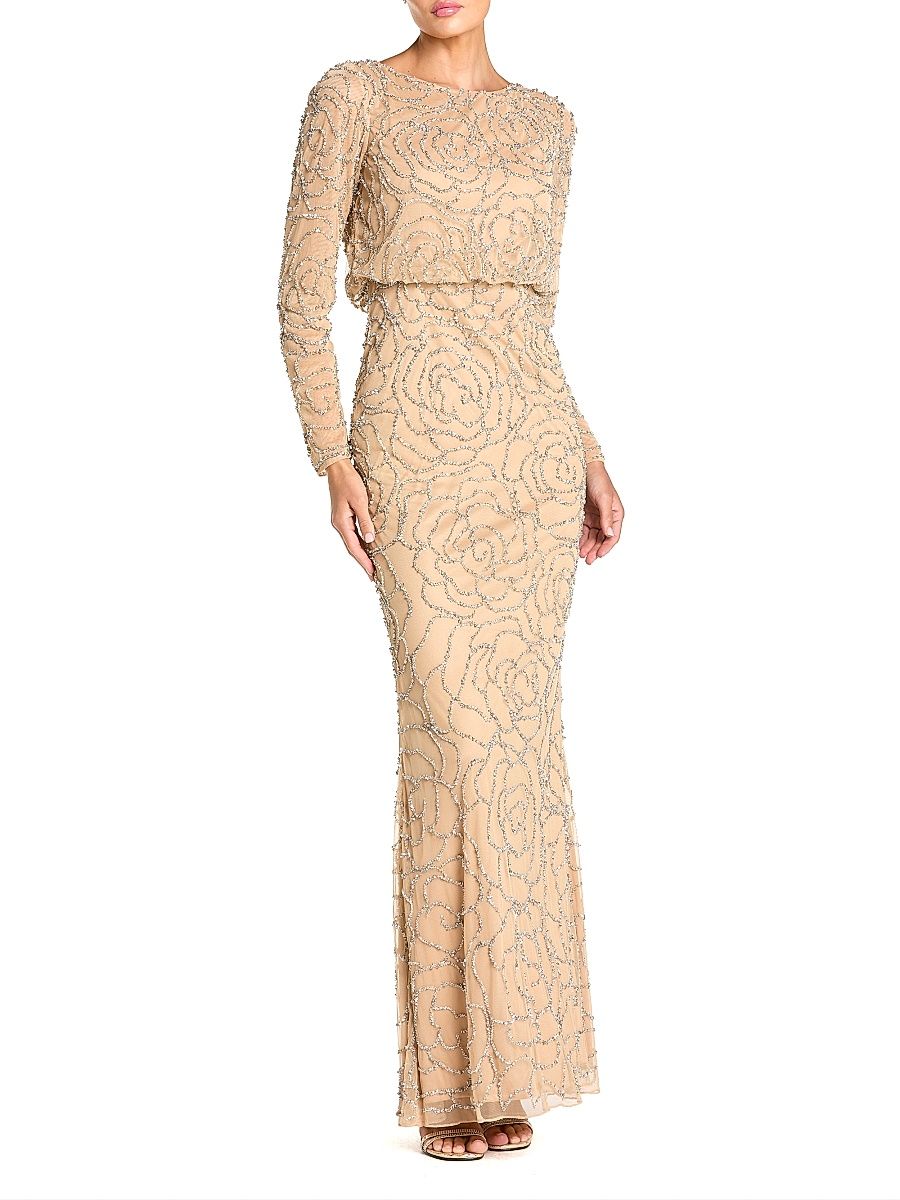 Women's Metallic Floral Gown - Beige Silver - Size 18