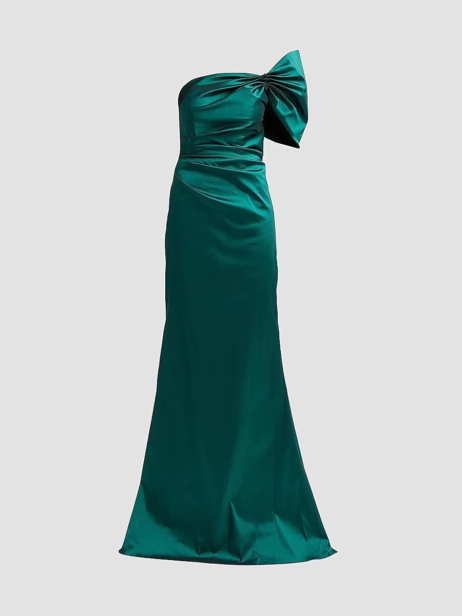 Women's One Shoulder Ruched Taffeta Gown - Emerald - Size 18