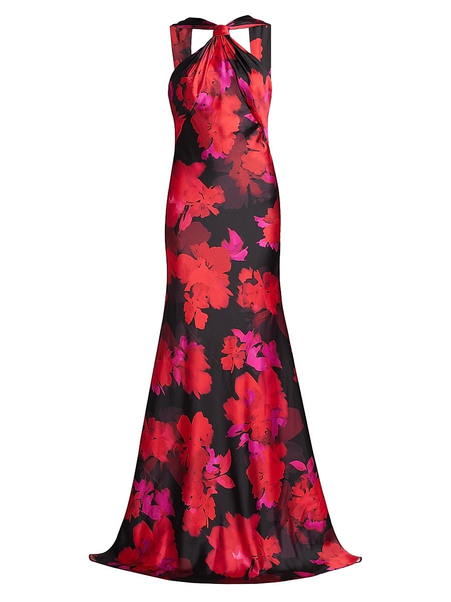 Women's Mallory Floral Satin Halterneck Gown - Camellia Shadow - Size 8