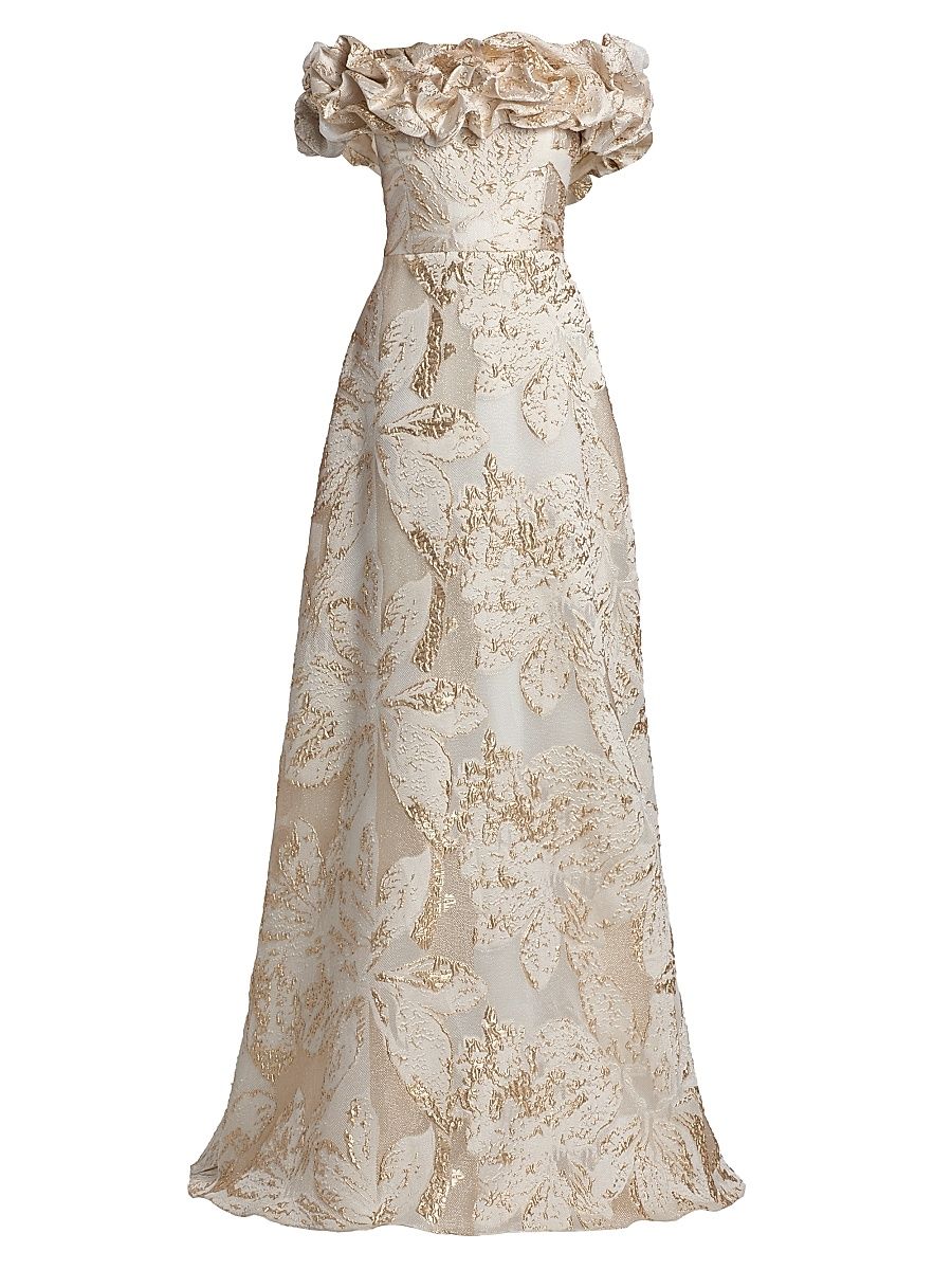 Women's Brocade Scrunched Off-The-Shoulder Gown - Ivory Gold - Size 16