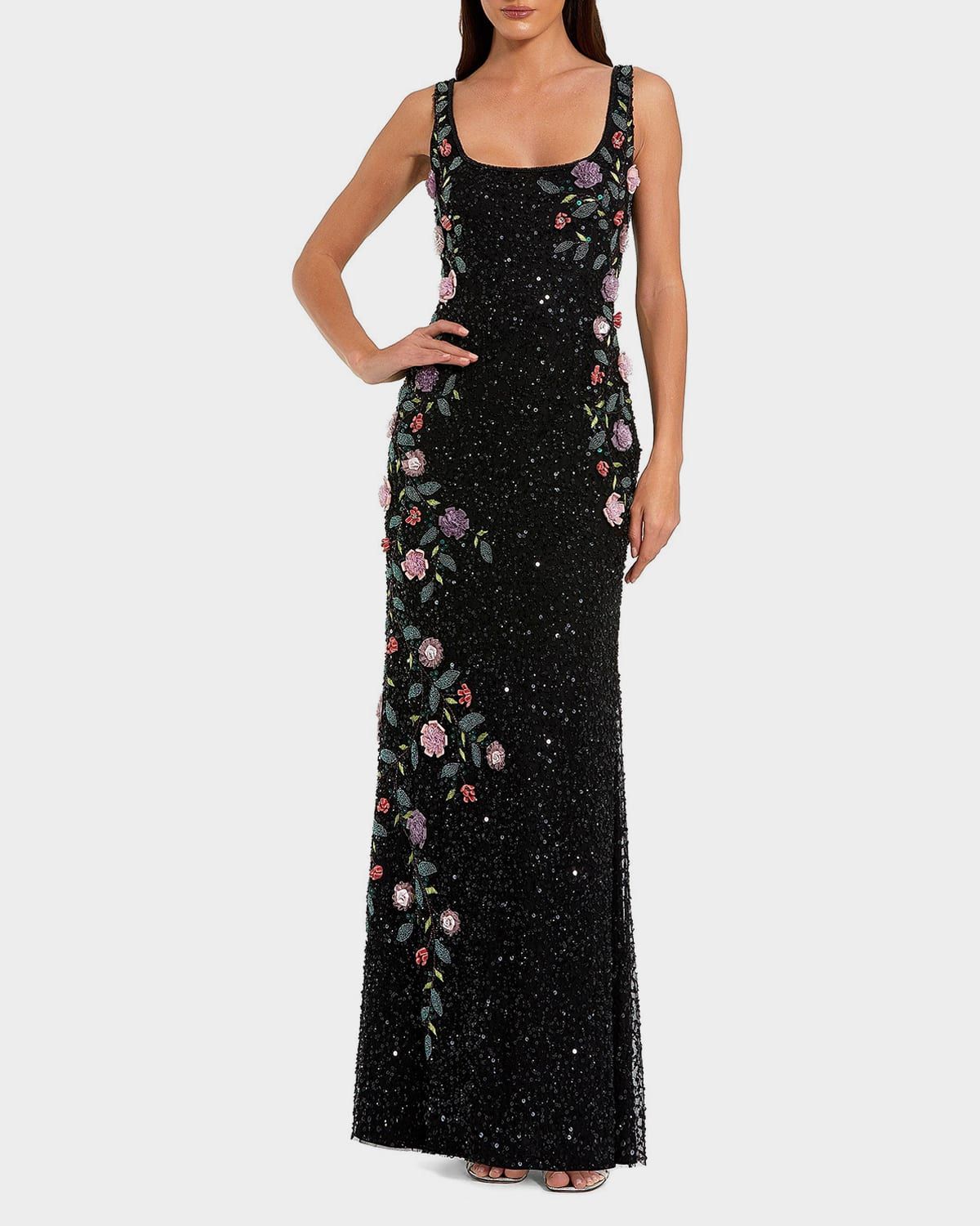Evening Embellished Floral Scoop-Neck Gown