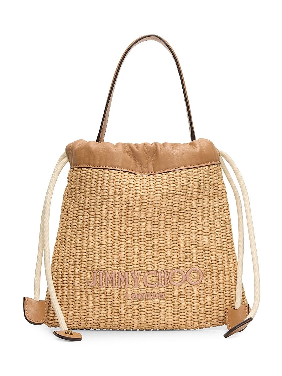 Women's Raffia Drawstring Pouch - Natural Tan Light Gold