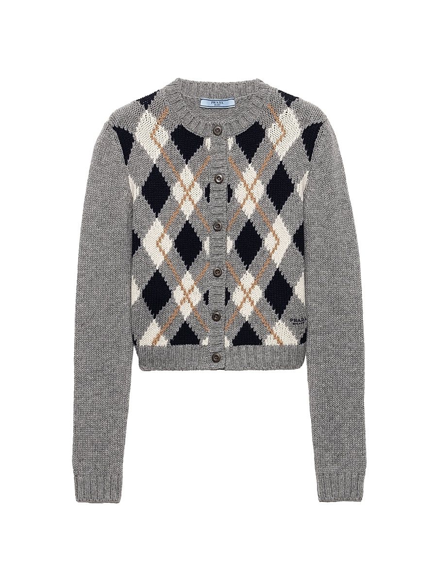 Women's Argyle Knit Cashmere Cardigan - Grey - Size 0