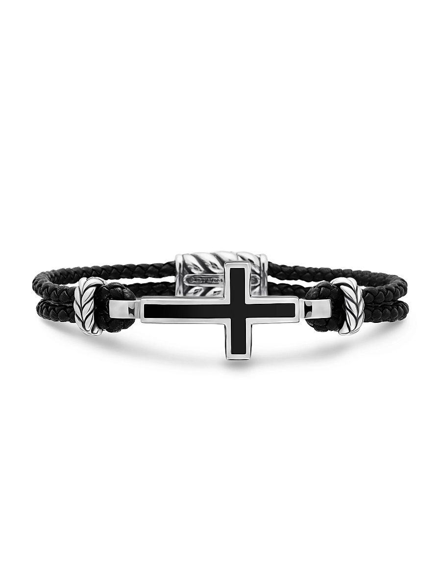 Men's Exotic Stone Cross Bracelet in Black Leather - Black Onyx - Size Small