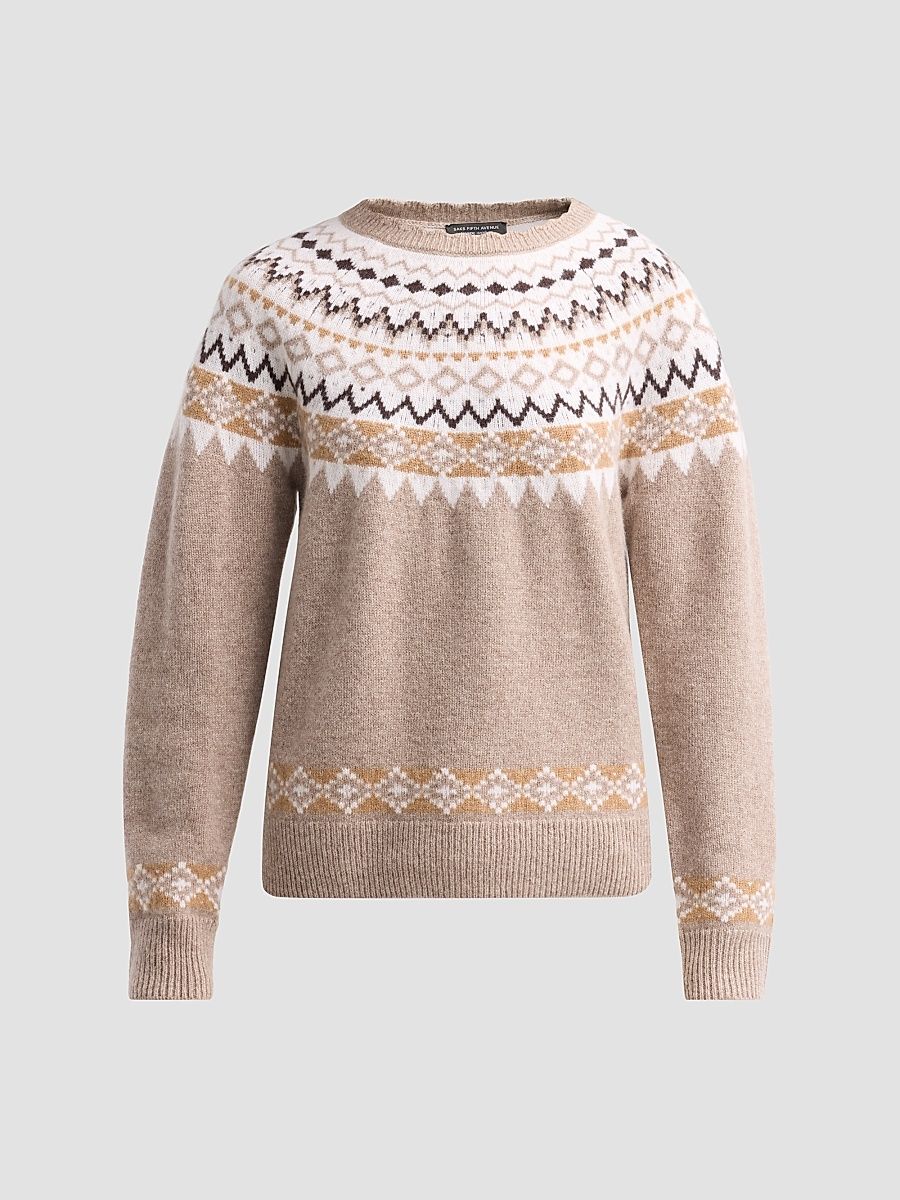 Women's Fair-Isle-Inspired Cashmere Sweater - Latte Fairisle - Size XL