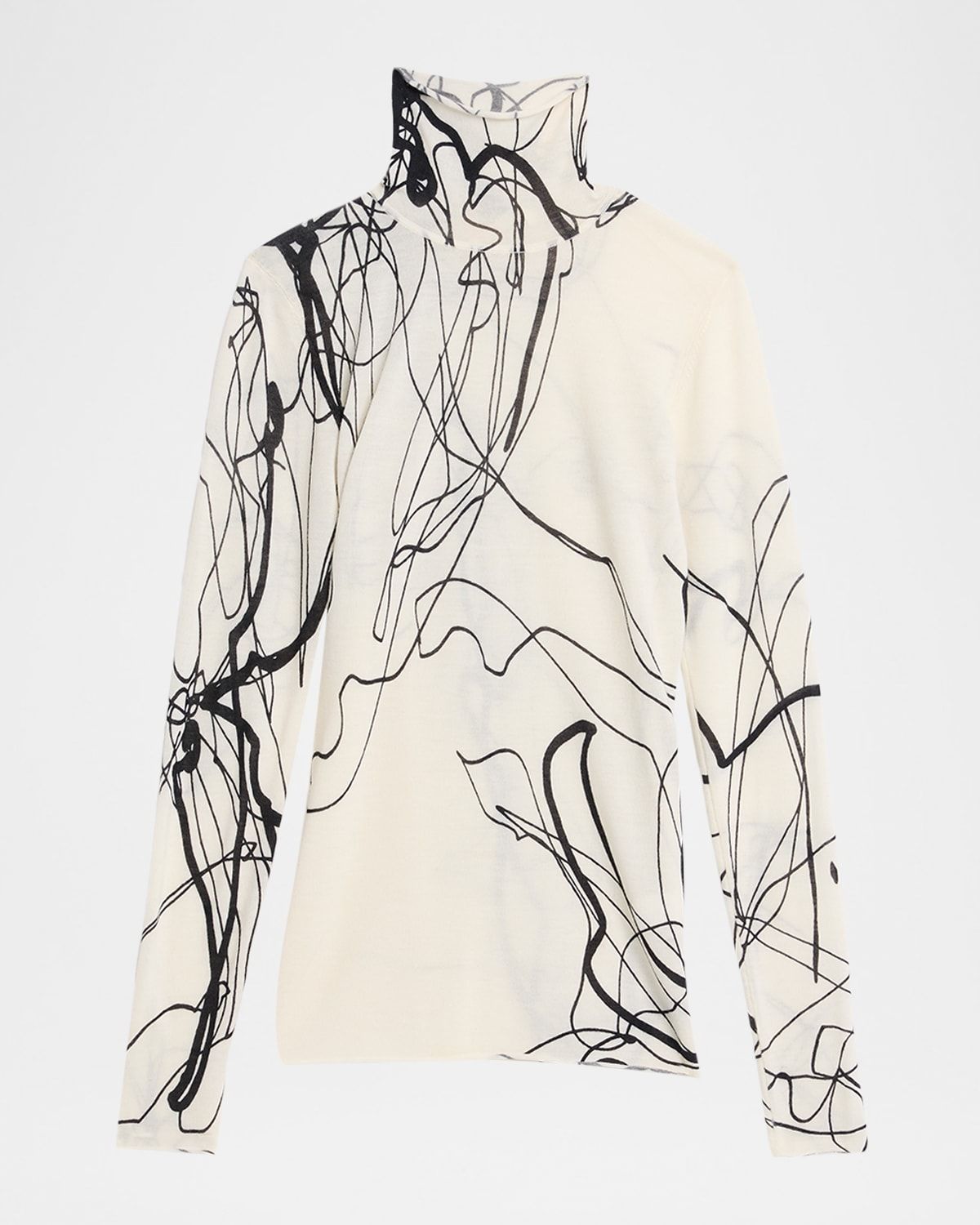 Scribble-Print Turtleneck Wool Sweater