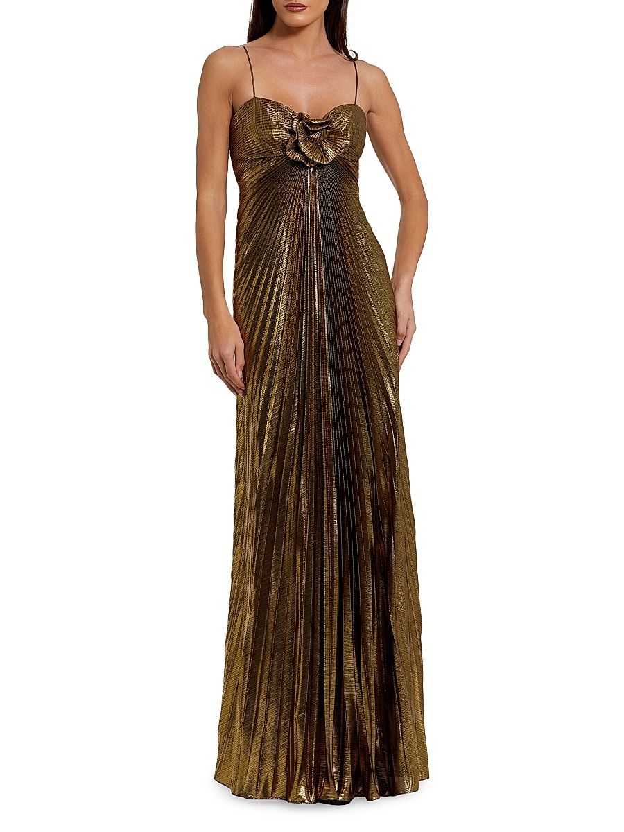 Women's Floral Metallic Pleated Gown - Antique Gold - Size 16
