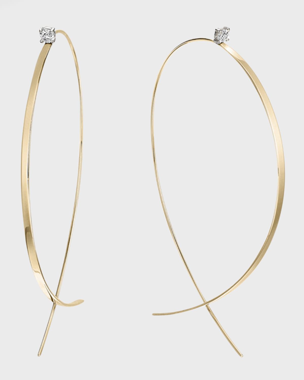 14K Gold Solo Large Flat Upside Down Hoop Earrings with Diamonds, 60mm