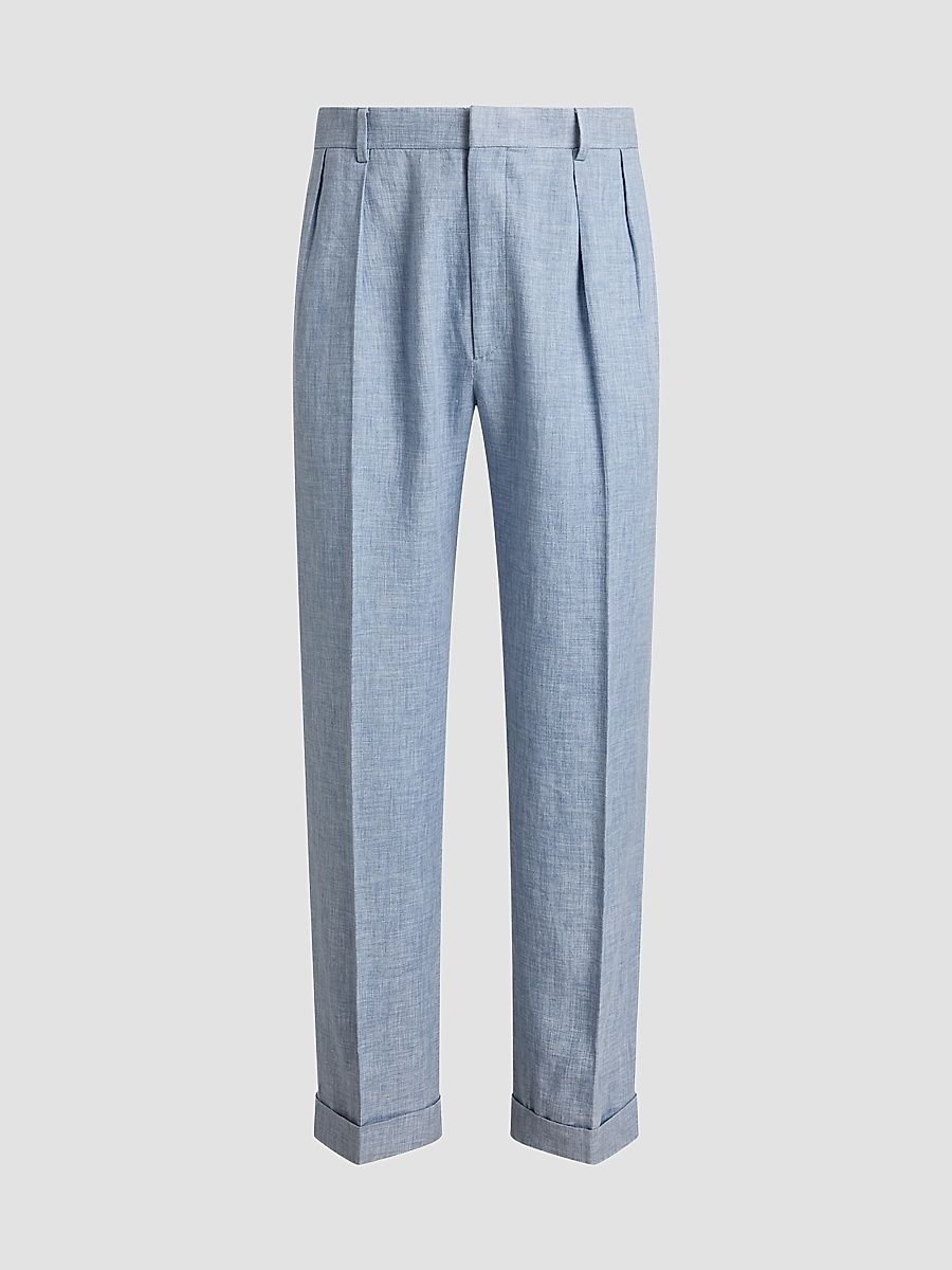 Men's Pleated Linen-Blend Trousers - Winward Blue - Size 30