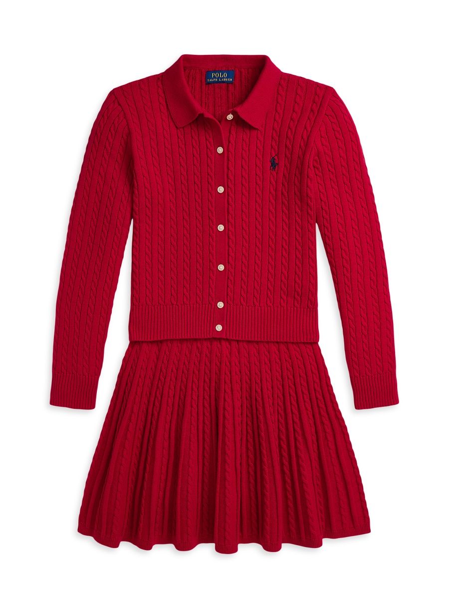 Polo Ralph Lauren Girl's Little Girl's & Girl's 2-Piece Cable-Knit Cardigan & Skirt Set - Red Navy - Size 16