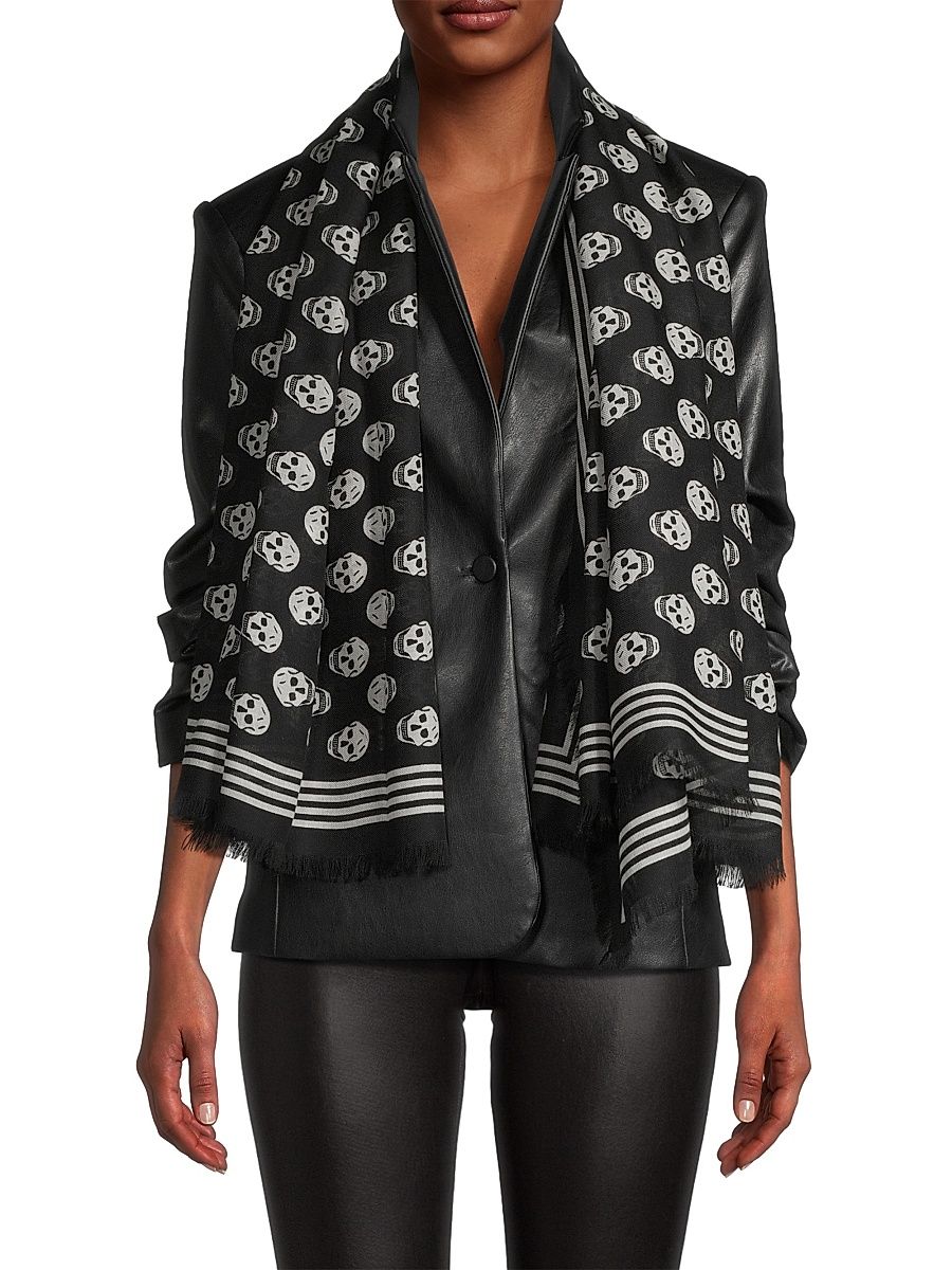 Women's Biker Skull-Print Wool Scarf - Black Ivory