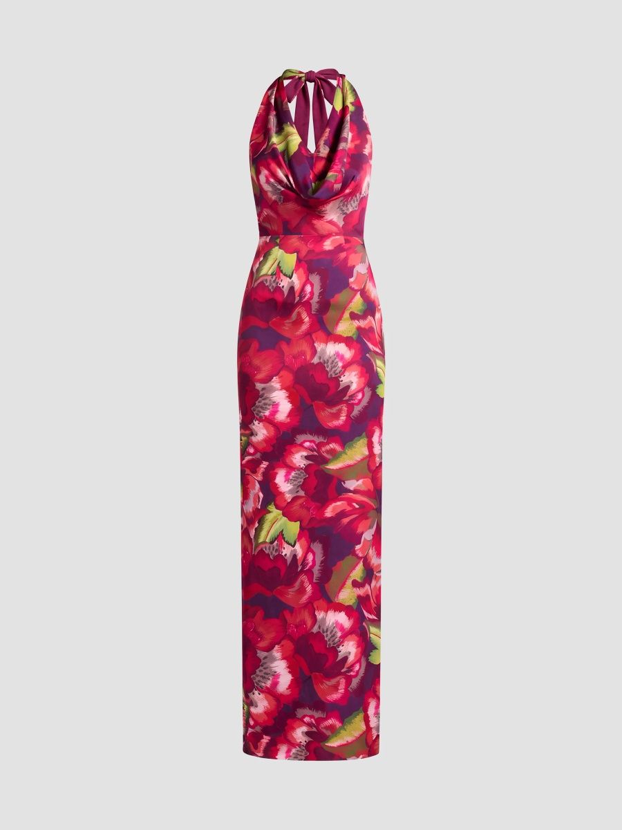 Dress The Population Women's Solana Floral Column Maxi Dress - Dark Magenta Multi - Size Small