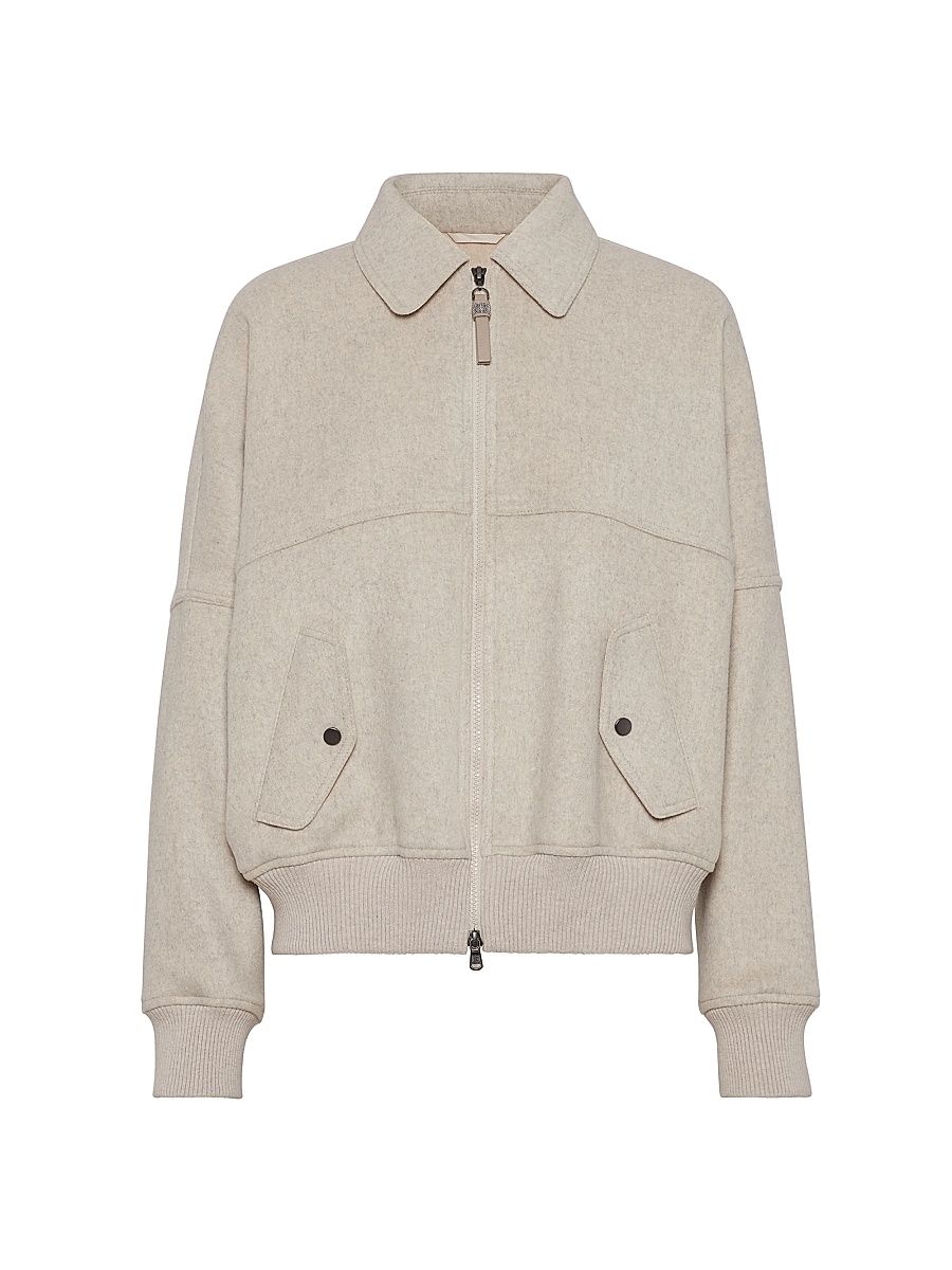 Women's Cashmere wnd Wool Double Cloth Bomber Jacket with Shiny Zipper Pull - Cool Beige - Size 2