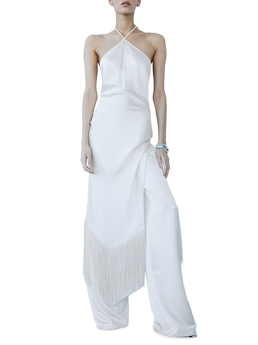 Women's Blanca Satin Fringe-Trim Midi-Dress - Crema - Size 12