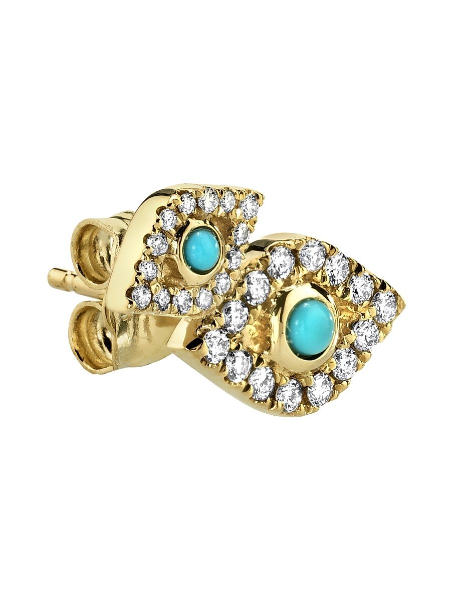 Women's Overboard 14K Yellow Gold, Turquoise & 0.15 TCW Diamond Evil Eye Single Stud Earring - Yellow Gold