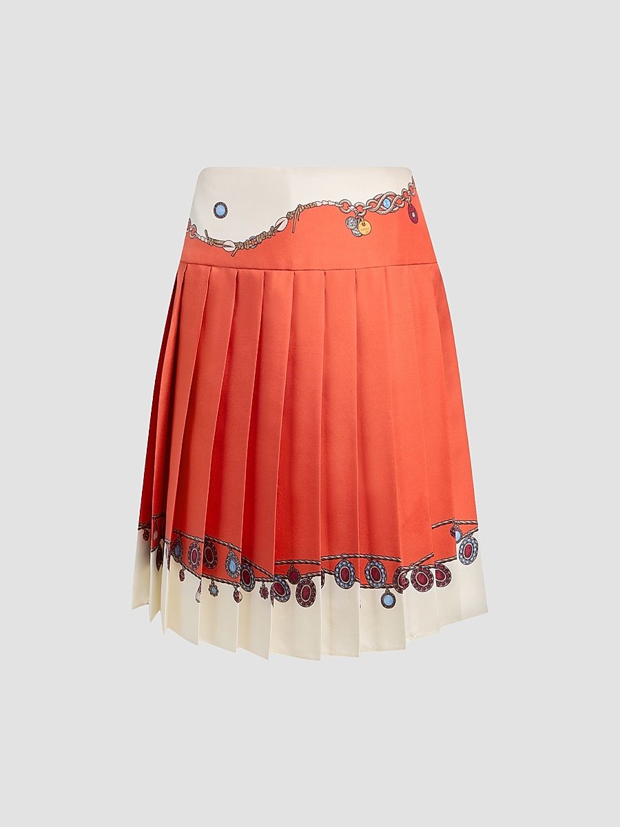 Women's Stolen Jewels Silk Pleated Skirt - Orange White Gold - Size 10