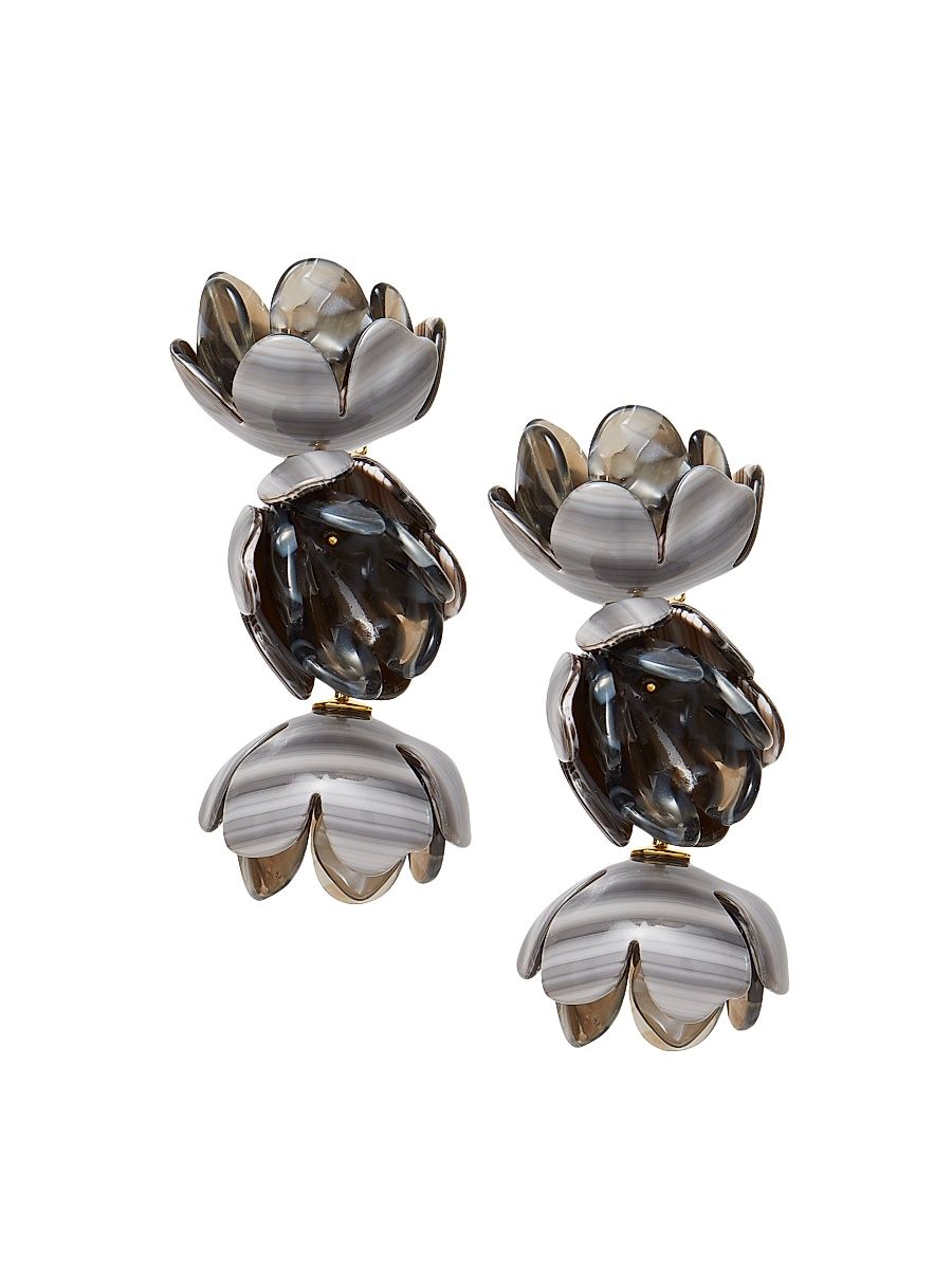 Women's Rose Petal Triple Drop 14K-Gold-Plated & Acetate Clip-On Earrings - Charcoal Stripe