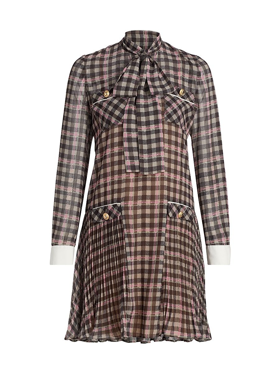 Women's Plaid Chiffon Tieneck Minidress - Brown - Size 10