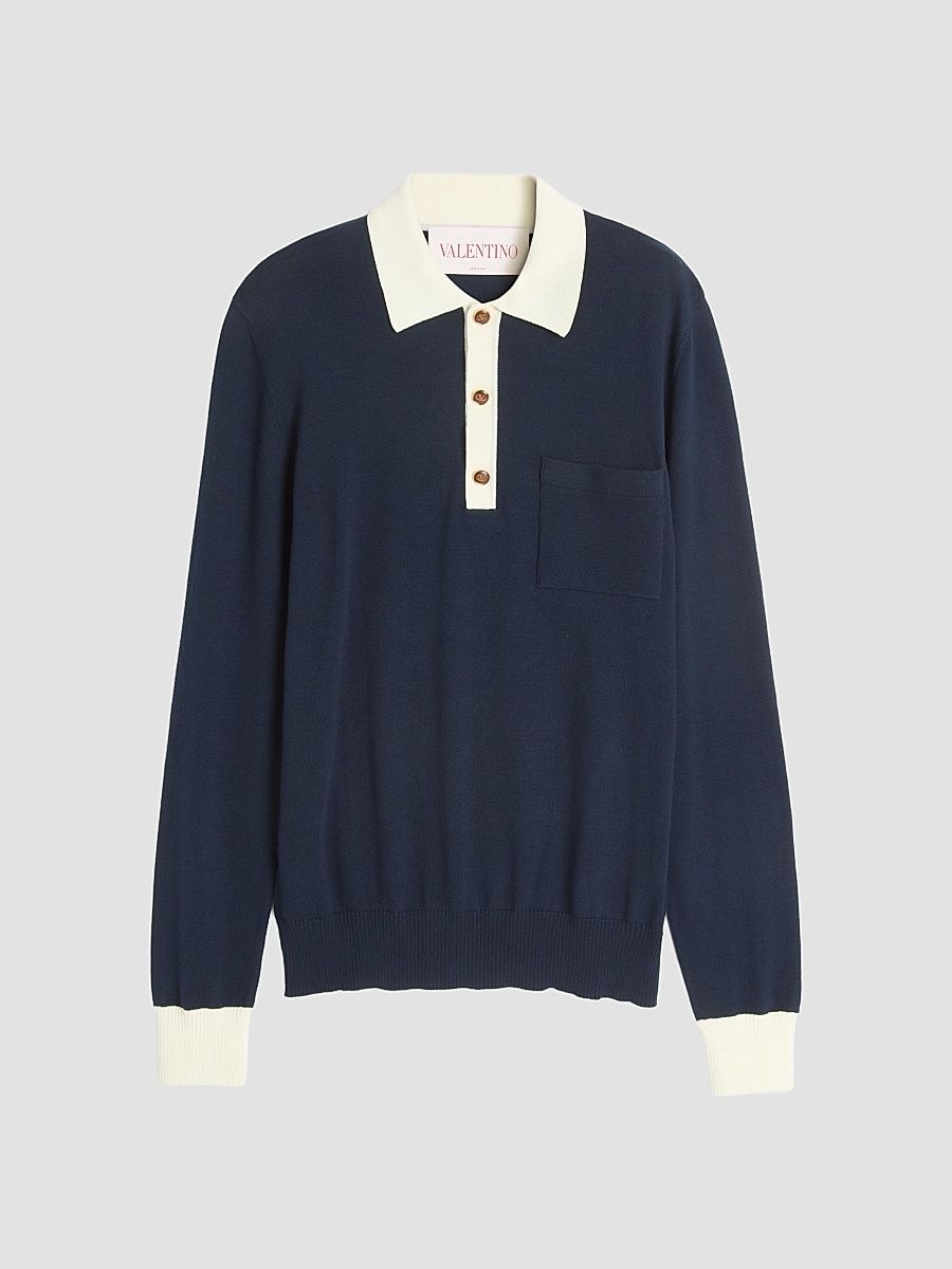 Men's Long-Sleeved Cotton Polo Shirt - Indigo Butter - Size Small