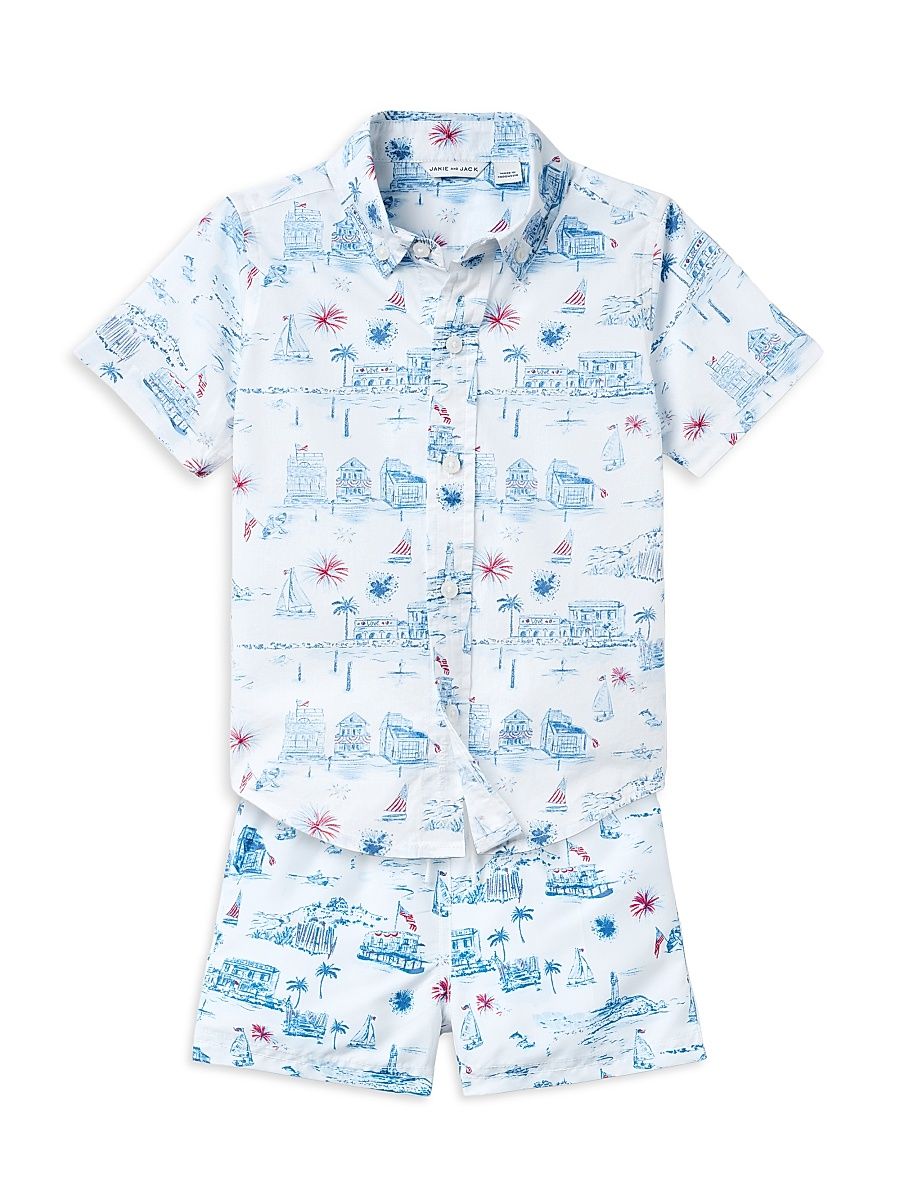 Little Boy's & Boy's Toile Americana Short-Sleeve Shirt & Swim Shorts Set - Size 12